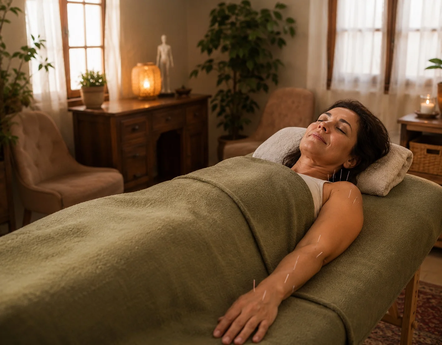 Woman relaxing during acupuncture treatment at Shaul Freedman's clinic in Cape Town